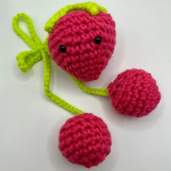 Strawberry Keychain & Cherry Headphone Accessory Set Bag Charm - Crochet - Pink - Picture 1 of 3